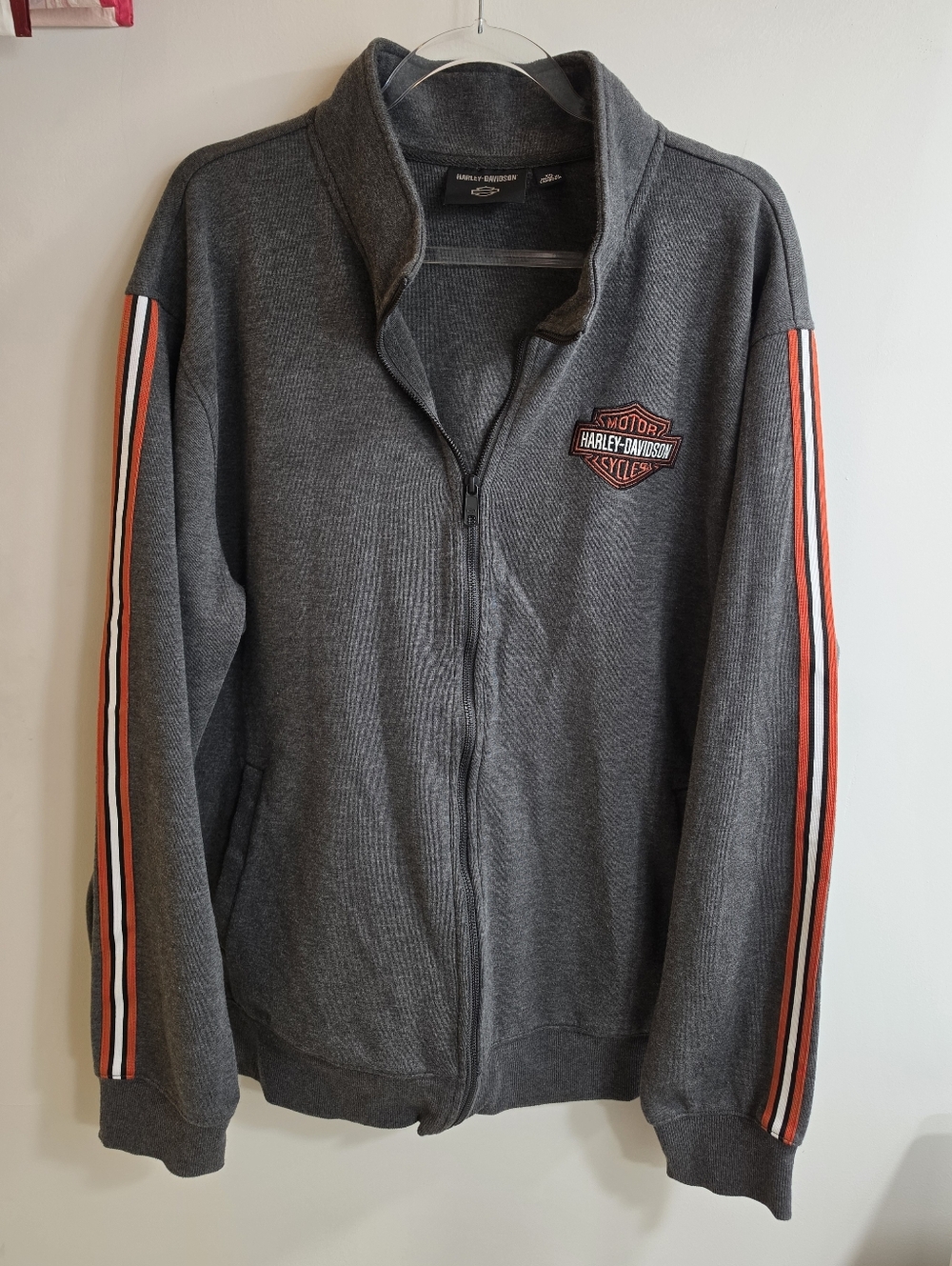 Harley-Davidson Gray Zip-Up Sweater with Orange & White Sleeve Stripes